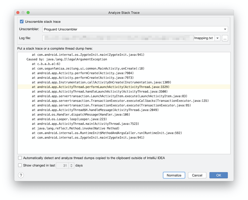 Screenshot showing the Analyze Stack Trace Window with a Proguard Unscrambler installed