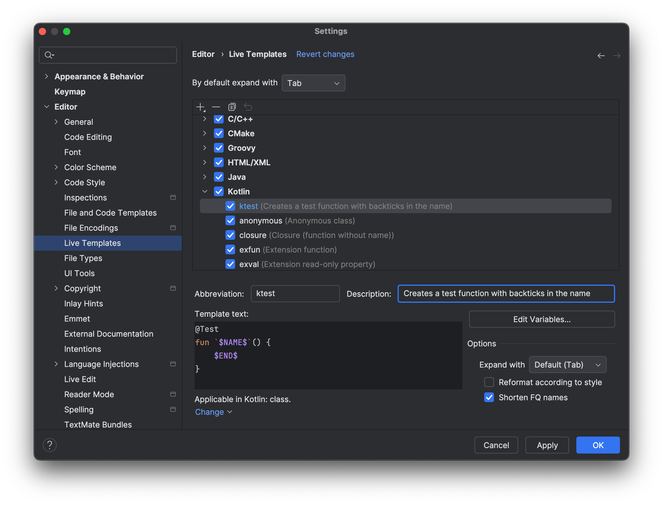 Kotlin Test Live Template Setup