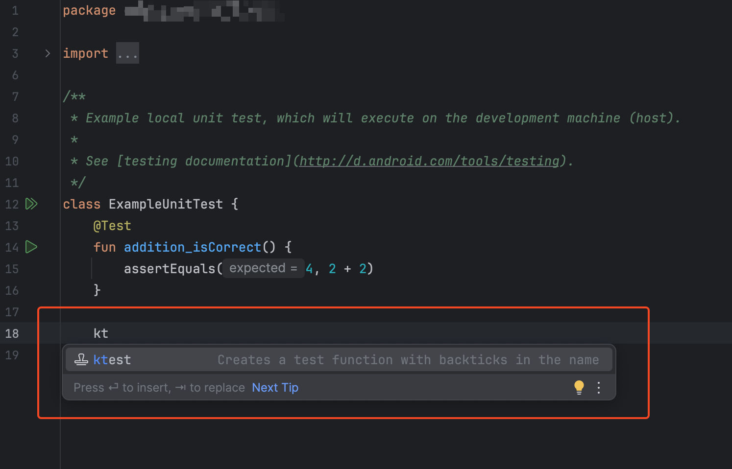 Kotlin Test Live Template Usage